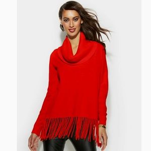 🟥 Michael Kors RED 🟥 Fringe Hem Cowl Neck Sweater NWT